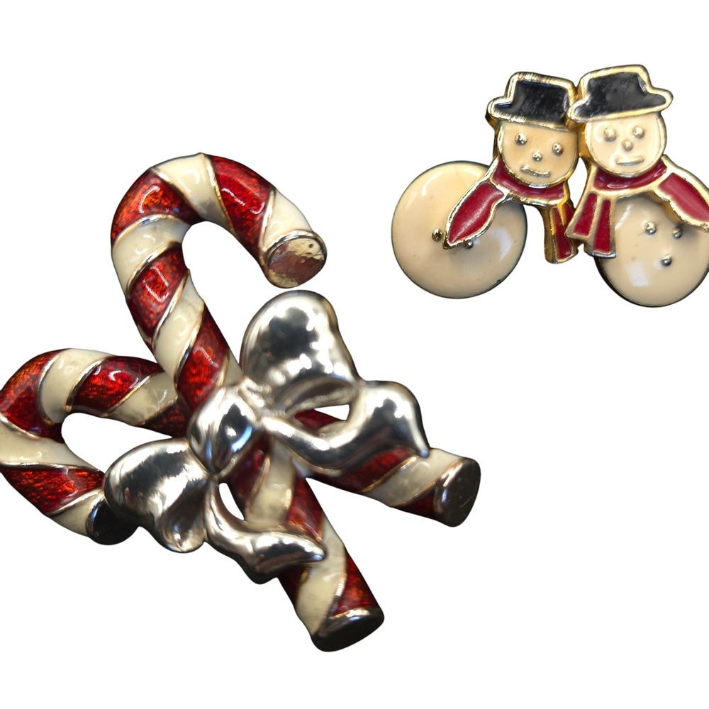 VTG Retro AVON Christmas 2pc Enamel Snowman Earring Enamel Candycane Brooch Set